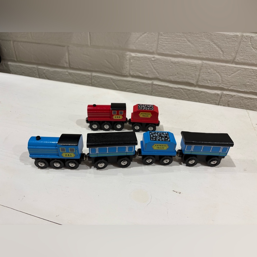 Melissa & Doug Wooden Trains (red engine and car  & blue engine and 3 cars)